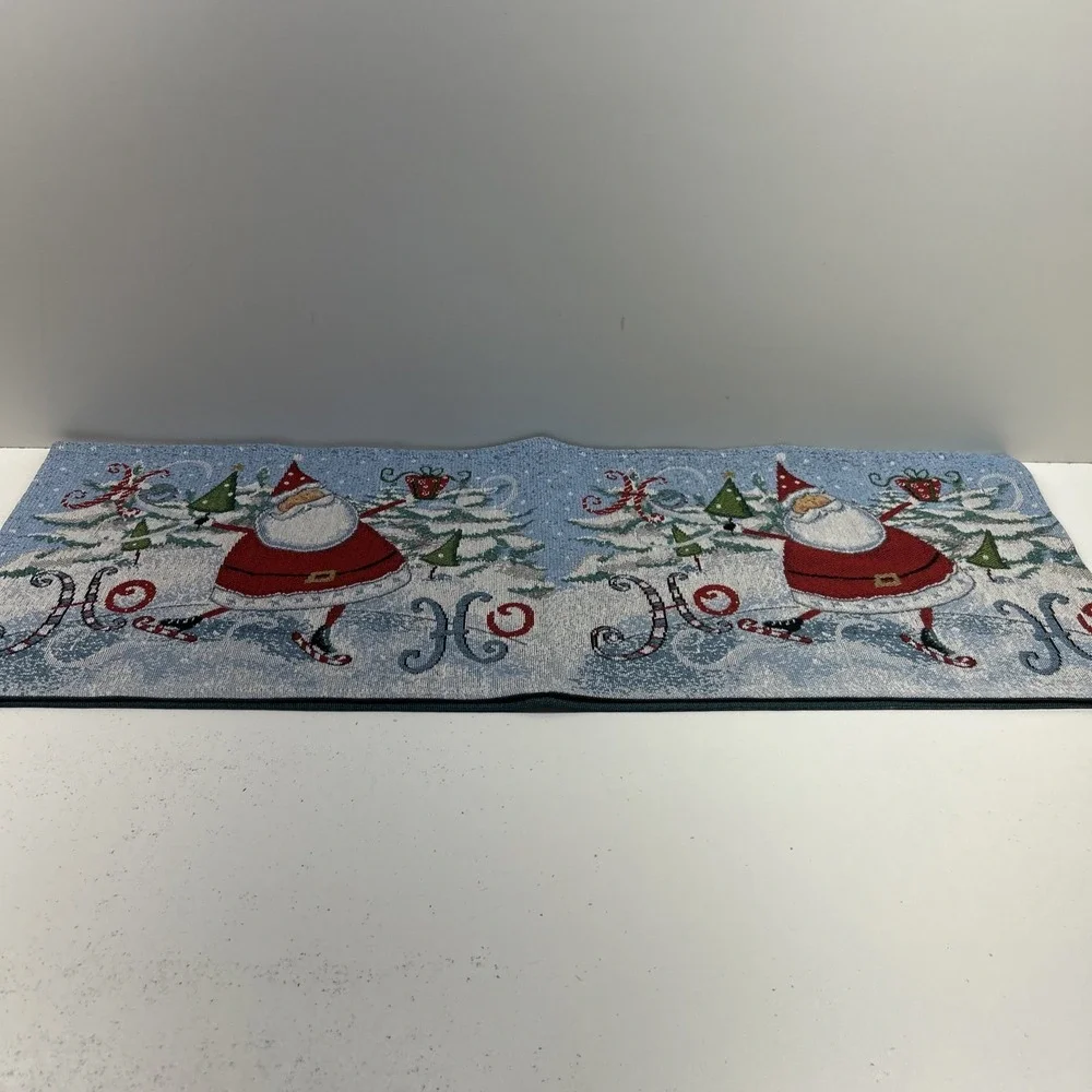 Vintage Christmas Tapestry Table Runner Santa Ice Skating Ho Ho Holiday Decor‎